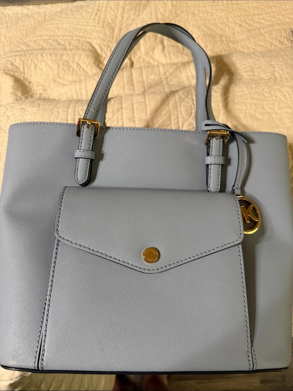 Michael Kors Pale Blue Saffiano Leather Tote with Front Pocket